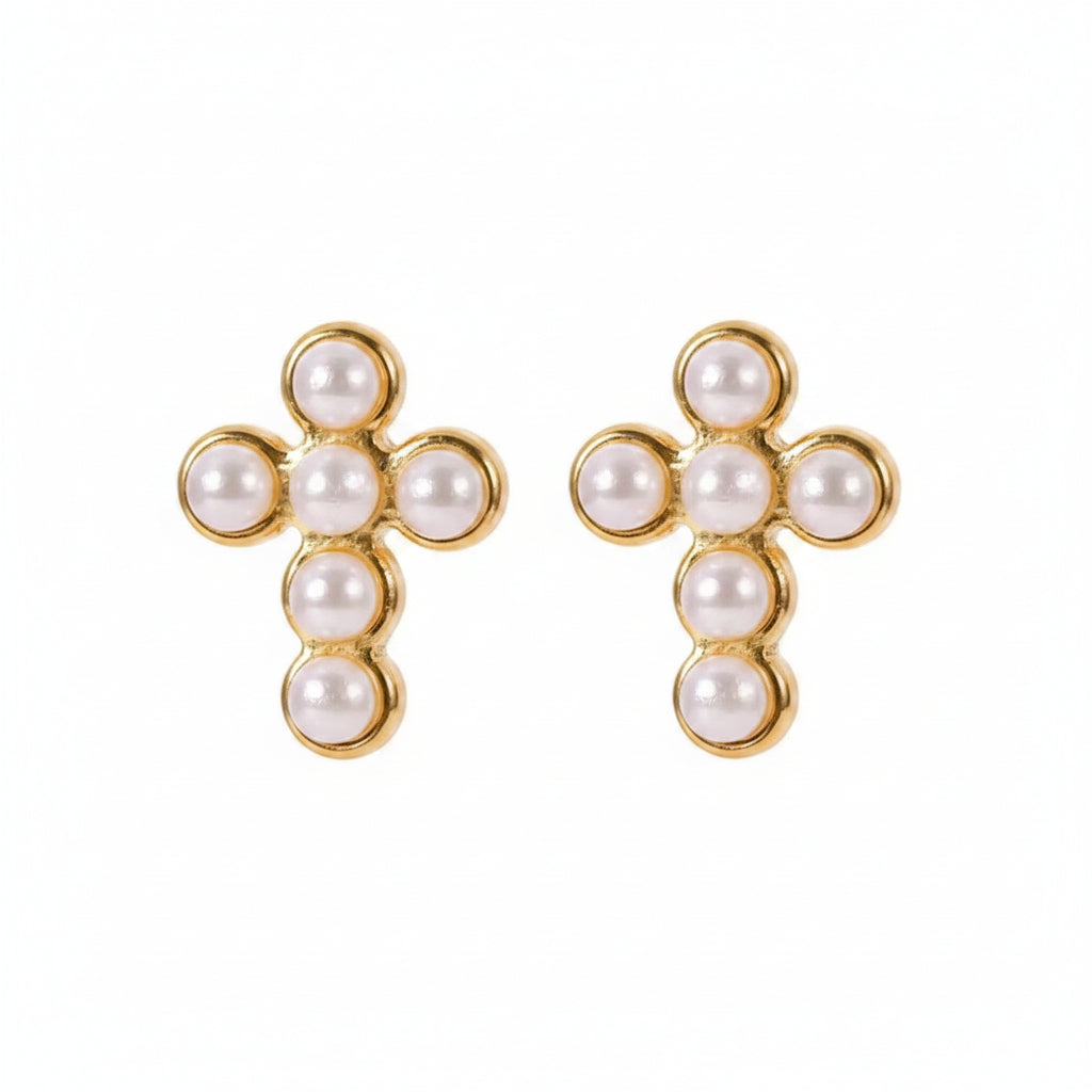 Aretes de cruz con perlas