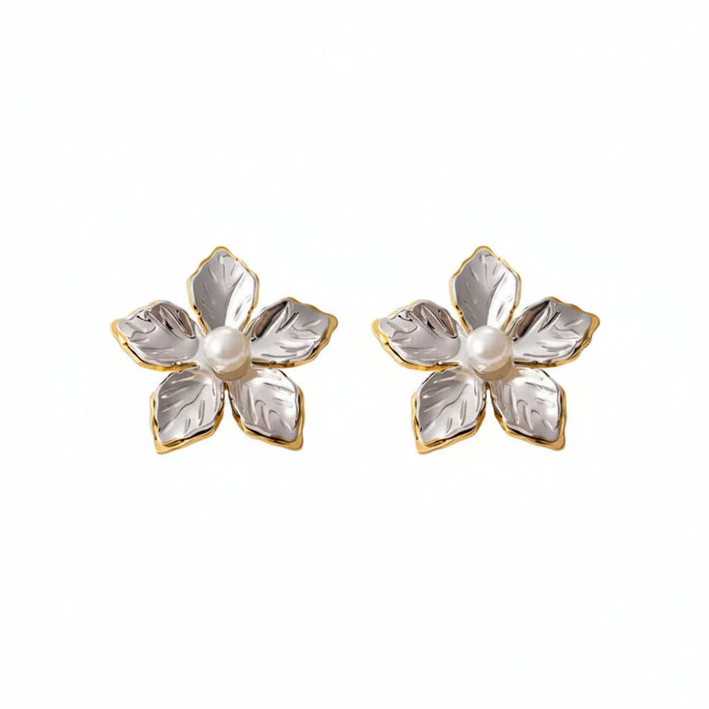 Aretes de flor doble tono con perla